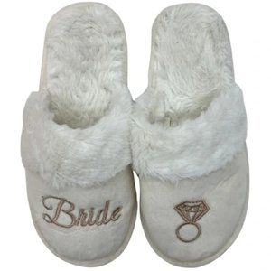 Bride Slippers Slip On Fuzzy White Bridal Slippers Size L 8/9